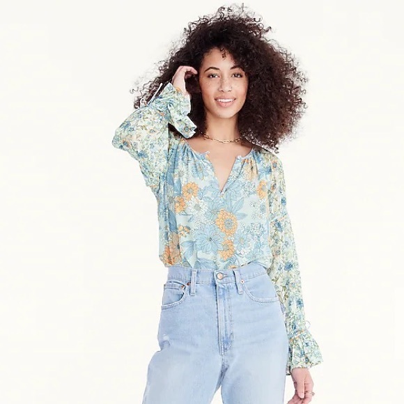 J.CREW Flutter Cuff Crinkle Chiffon Top-Zinnia Floral NWT Size Medium Blue Multi - Picture 1 of 4